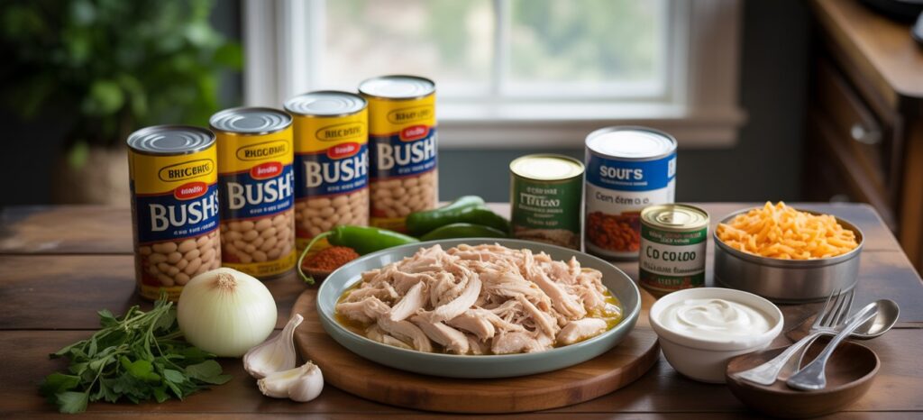 Bowl of Bush Beans White Chicken Chili topped with shredded cheese and cilantro, creamy and hearty