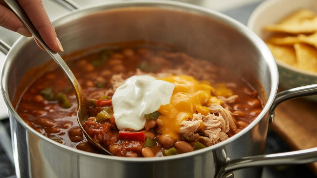 Bush Beans White Chicken Chili simmering in a pot with a spoon, showing creamy texture and beans