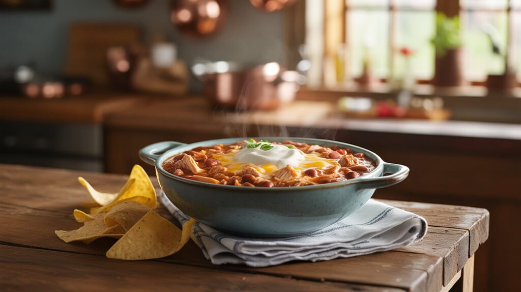 Creamy Bush Beans White Chicken Chili with shredded chicken, beans, and melted cheese in a bowl