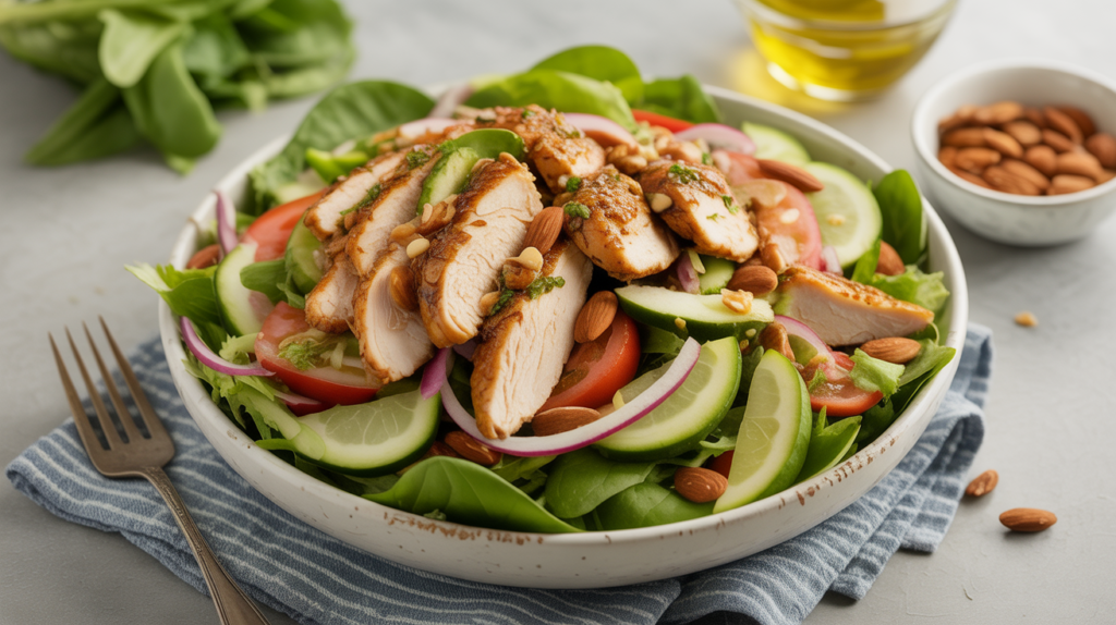 Ingredients for easy chicken almond salad including shredded chicken, black beans, fire-roasted tomatoes, green chiles, onion, garlic, spices, lime juice, and toppings.