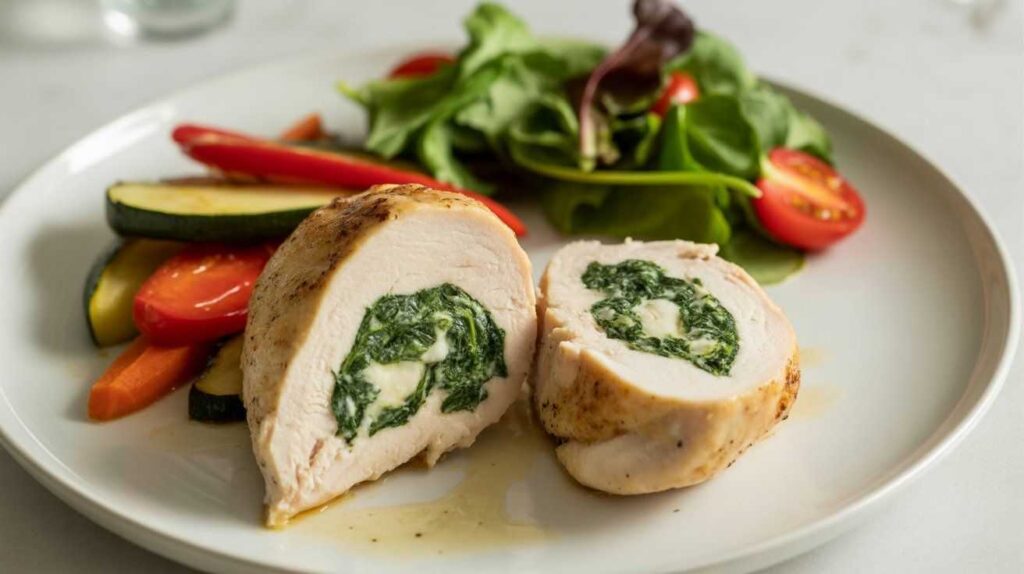 Stuffed chicken breast with Boursin cheese and spinach filling, sliced open and served with roasted vegetables and a fresh salad on a ceramic plate.