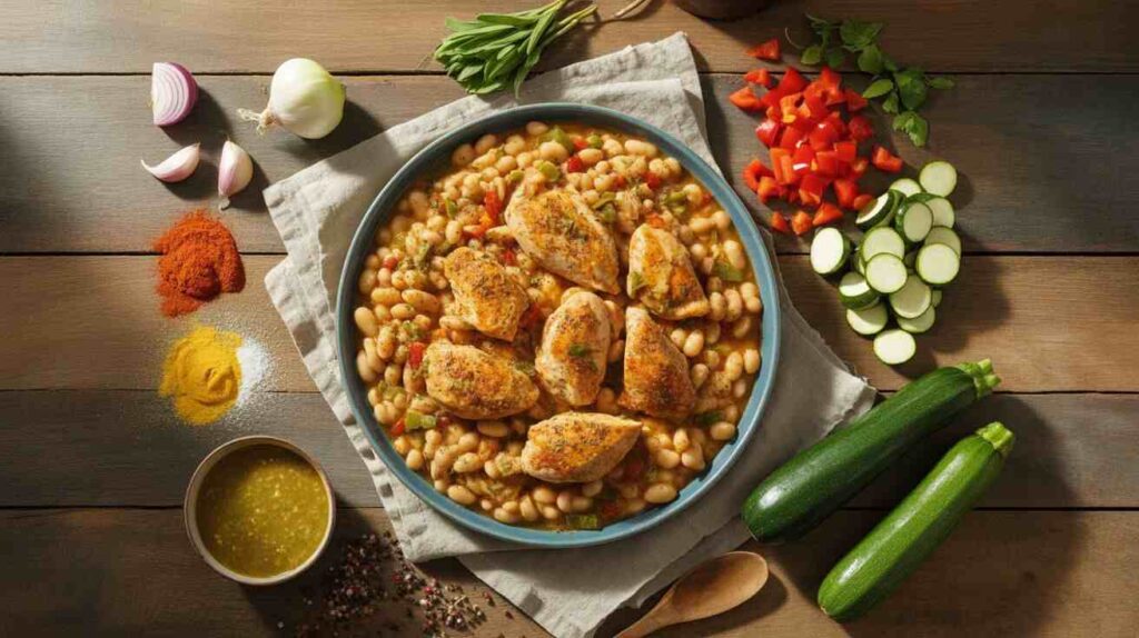 "Cheesecake Factory White Chicken Chili Recipe Made Easy featuring a bowl of white chicken chili with beans, seasoned chicken pieces, red bell peppers, zucchini, onions, garlic, and spices, served on a wooden table with a side of green sauce."