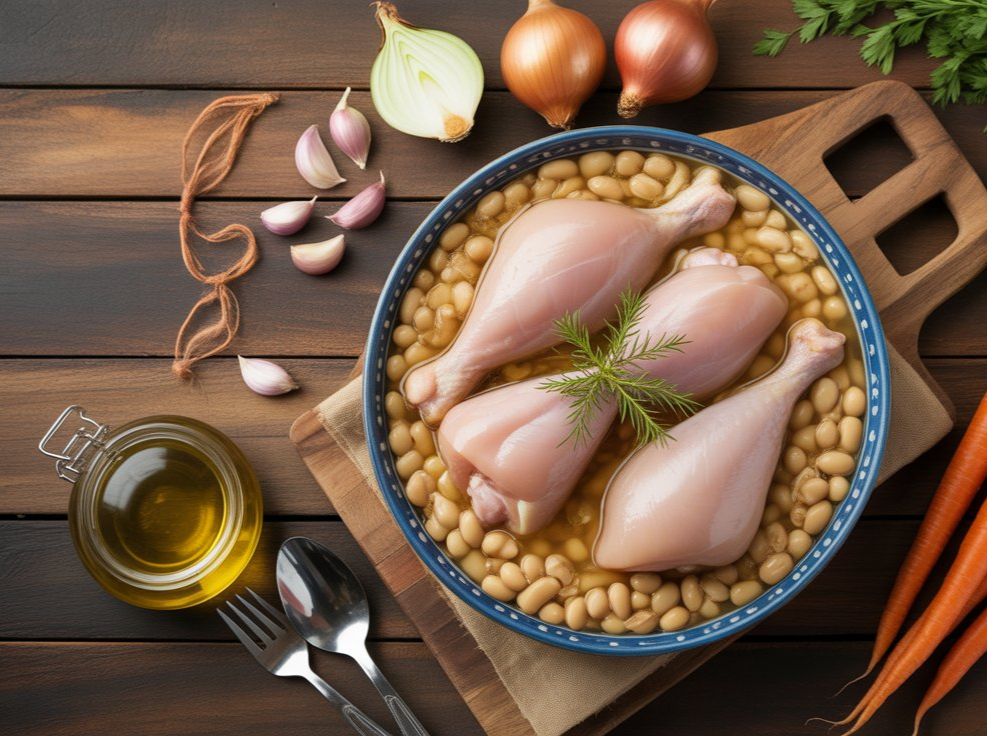 "Raw chicken drumsticks and white beans in a bowl, surrounded by ingredients including garlic, onions, carrots, fresh parsley, and a jar of olive oil, all arranged on a wooden table with a cutting board and utensils."