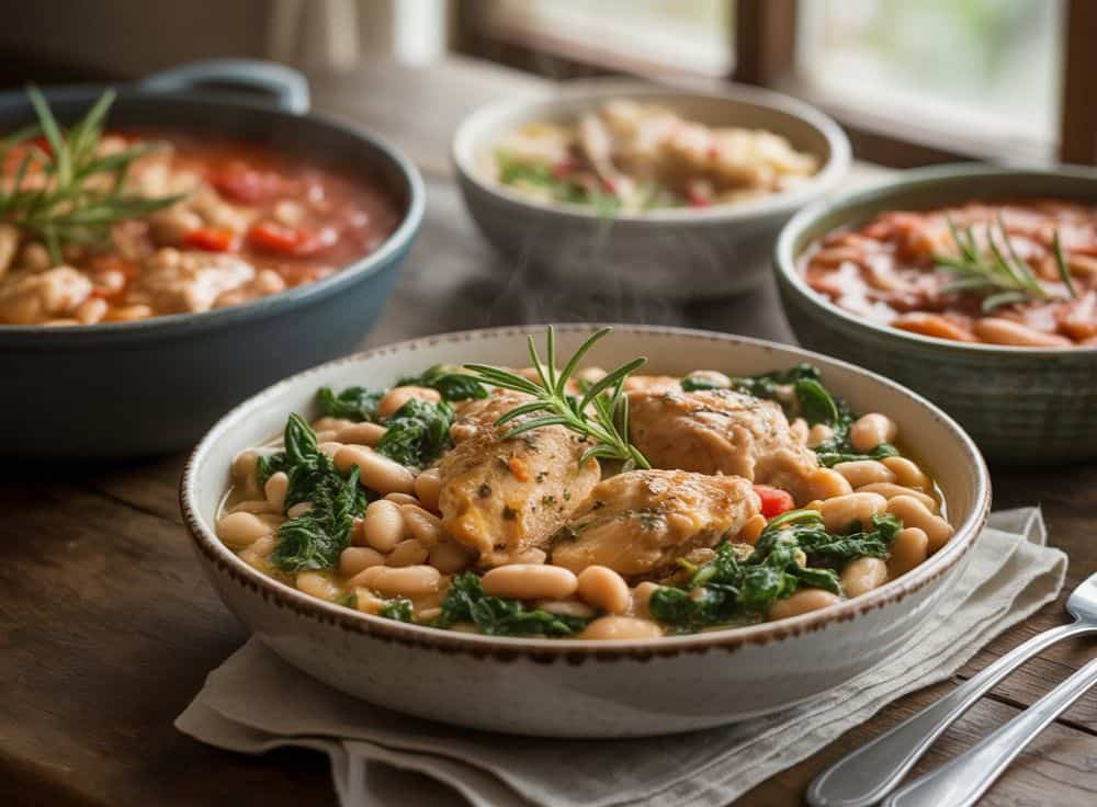 "Variety of chicken and white bean stews in bowls, including one with leafy greens and rosemary, another with tomato and red peppers, a third with mixed vegetables, and a fourth with spicy tomato sauce, served on a wooden table with forks and a napkin."