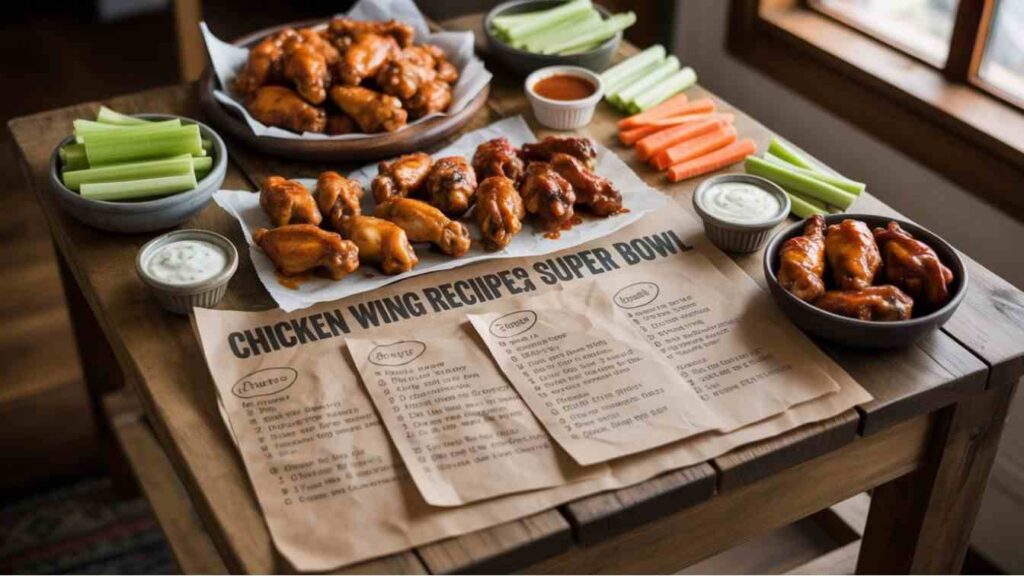 A wooden table with plates of spicy chicken wings, bowls of celery sticks, carrot sticks, ranch dip, and blue cheese dressing, accompanied by printed recipes labeled "Chicken Wing Recipes Super Bowl."
