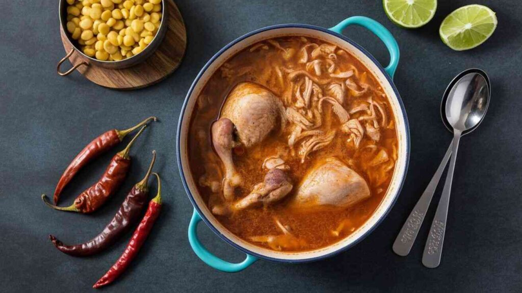 alt="Garlic chicken rojo soup in a clay pot with shredded chicken, roasted garlic cloves, white beans, and a fragrant broth, garnished with fresh chives, served on a wooden table with a spoon and rustic bread slice."