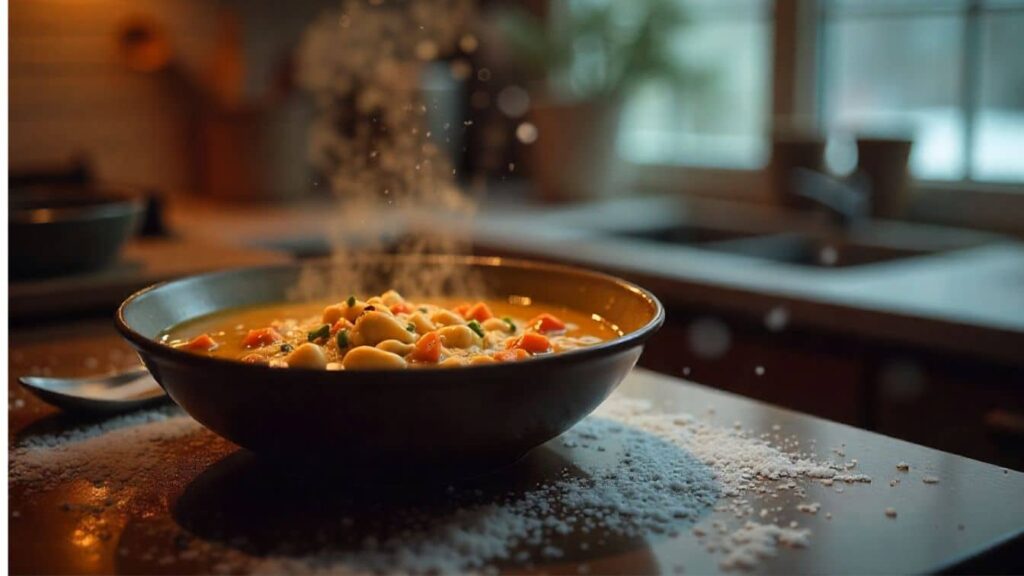 "Hearty chicken soup in a deep bowl with shredded chicken, white beans, carrots, and a savory broth, garnished with parsley, served on a wooden table with a spoon