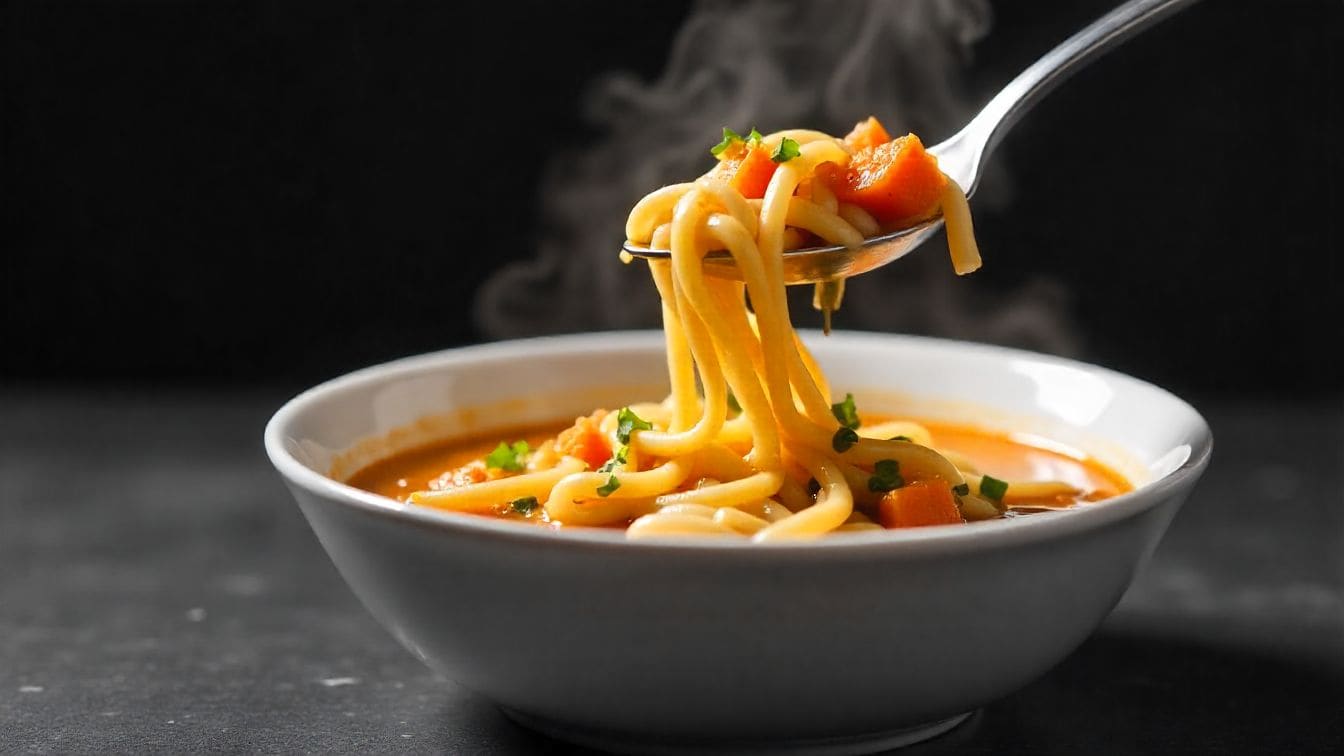 "Savory chicken noodle soup in a white bowl with shredded chicken, white beans, and a rich broth, garnished with rosemary, served on a wooden table with a spoon and napkin