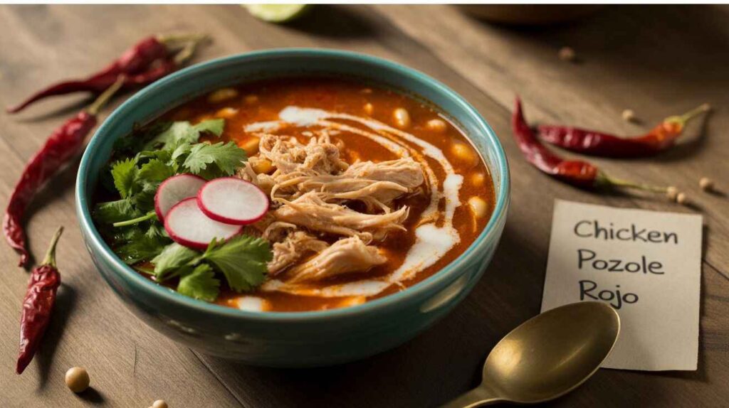 "Tomato chicken pozole rojo soup in a deep bowl with shredded chicken, diced tomatoes, white beans, and a rich red broth, garnished with basil leaves, served on a wooden table with a spoon and a side of bread."