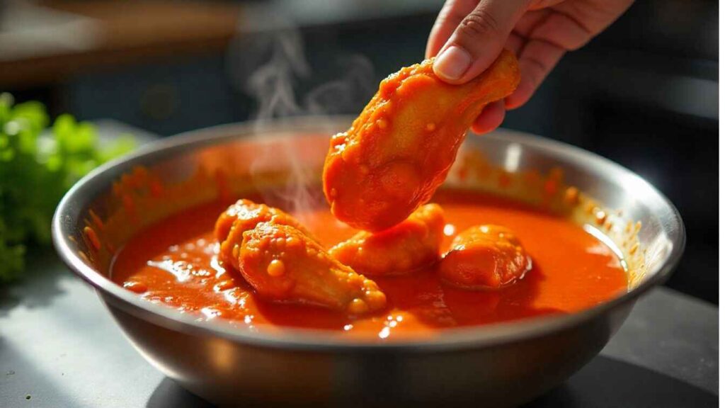 A metal bowl filled with steaming, spicy orange chicken wings in a rich sauce, with a hand holding one wing, and fresh greens in the background on a kitchen counter.
