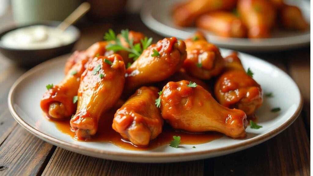 A white plate with a serving of glossy, spicy orange chicken wings garnished with fresh parsley, placed on a wooden table alongside a bowl of creamy dip and another plate of wings in the background.