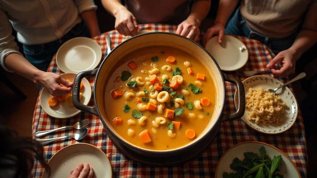 "Zesty chicken soup in a blue bowl with shredded chicken, white beans, chili peppers, and a tangy broth, garnished with cilantro, served on a wooden table with a spoon