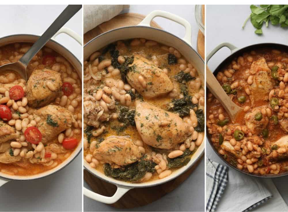 "Three variations of white bean and chicken stew in pots, featuring tender chicken, white beans, and spiced broth; one with cherry tomatoes and herbs, another with dark leafy greens, and the third with green chilies, all garnished with herbs, served on wooden boards with spoons."