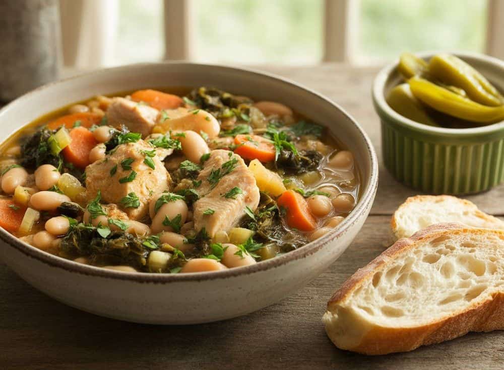"Hearty chicken vegetable with white beans, carrots, greens, and tender chicken pieces, garnished with fresh herbs, served in a bowl on a wooden table with sliced bread and a side of pickled green peppers."