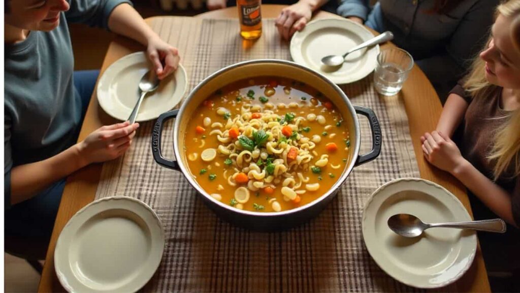 "Vegetable chicken soup in a ceramic bowl with shredded chicken, white beans, carrots, celery, and a clear broth, garnished with parsley, served on a wooden table with a spoon