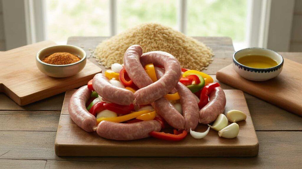 Fresh ingredients for chicken sausage recipes including sausage links, bell peppers, onions, garlic, rice, and Cajun seasoning.