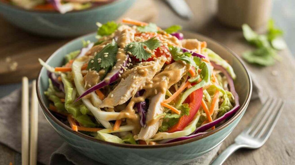 "Asian chicken slaw with shredded chicken, cabbage, carrot, red bell pepper, cilantro, and peanut-sesame dressing, served in a bowl with sesame seeds on top."