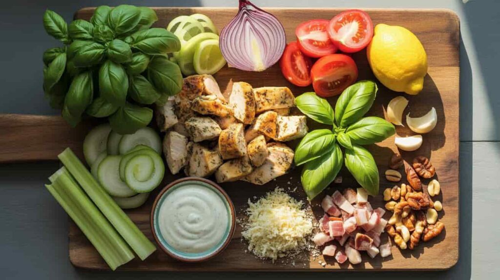 Flat lay of ingredients for basil chicken salad including chicken, basil, celery, onion, and dressing.