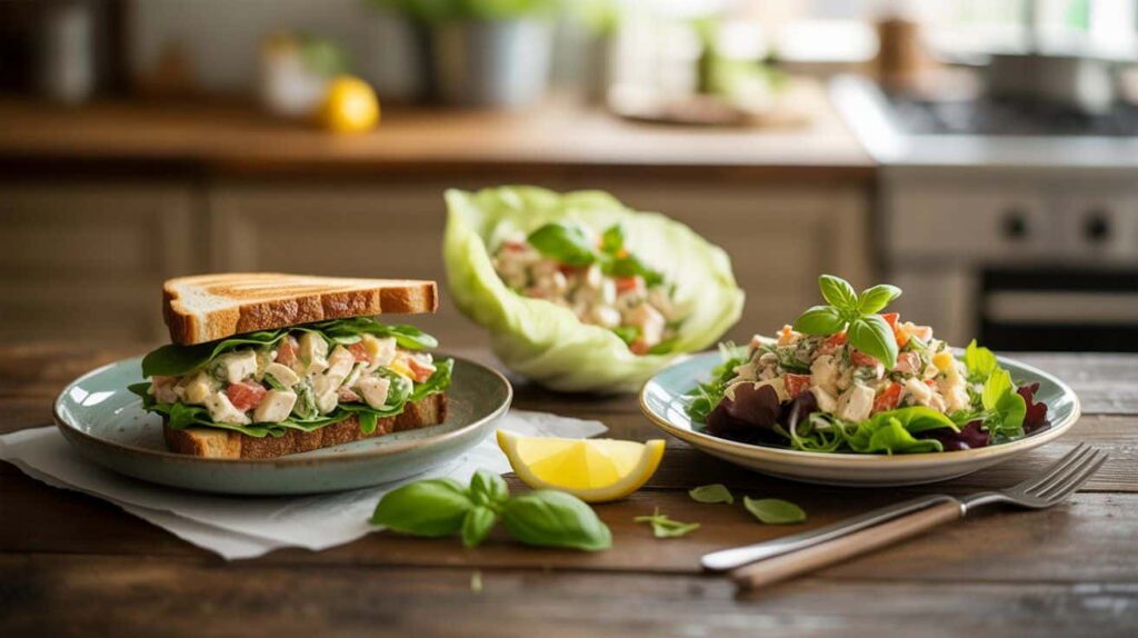 Basil chicken salad served in a sandwich, lettuce wraps, and over a salad bowl.