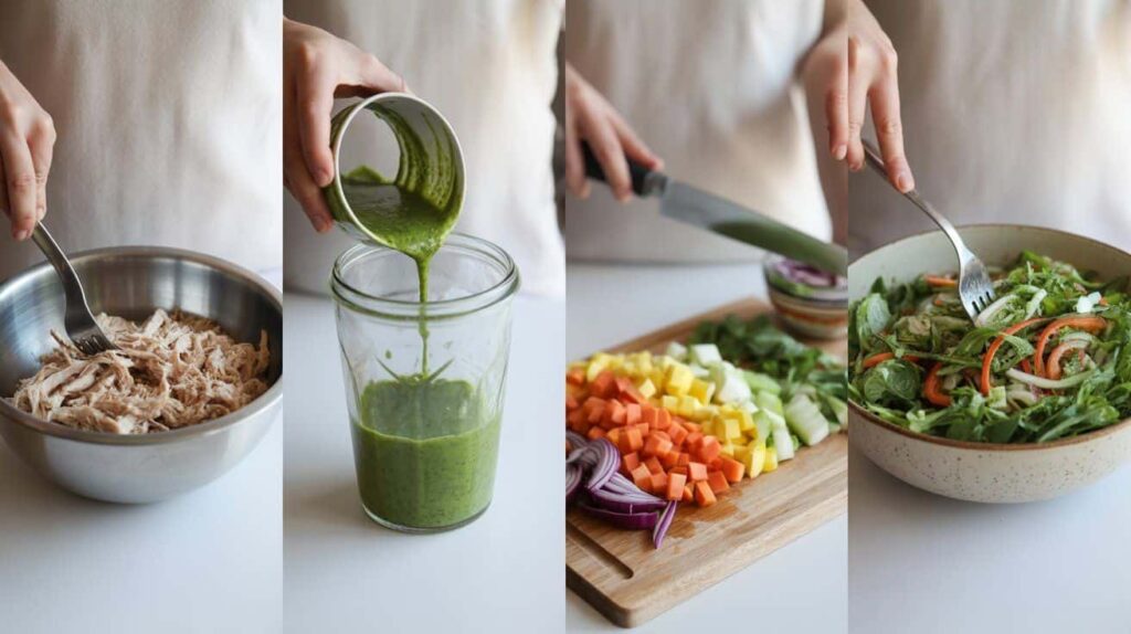 Step-by-step process of making basil chicken salad with chicken, dressing, and vegetables.