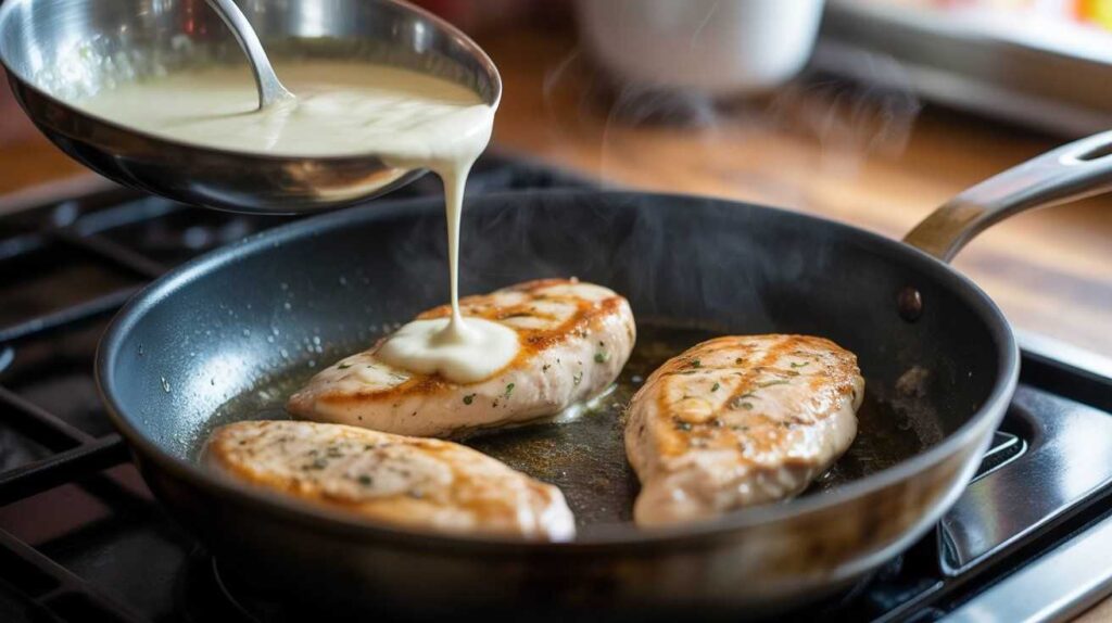 Slow cooker filled with chicken breasts simmering in a creamy garlic-and-herb Boursin cheese sauce, surrounded by fresh ingredients like garlic and parsley.