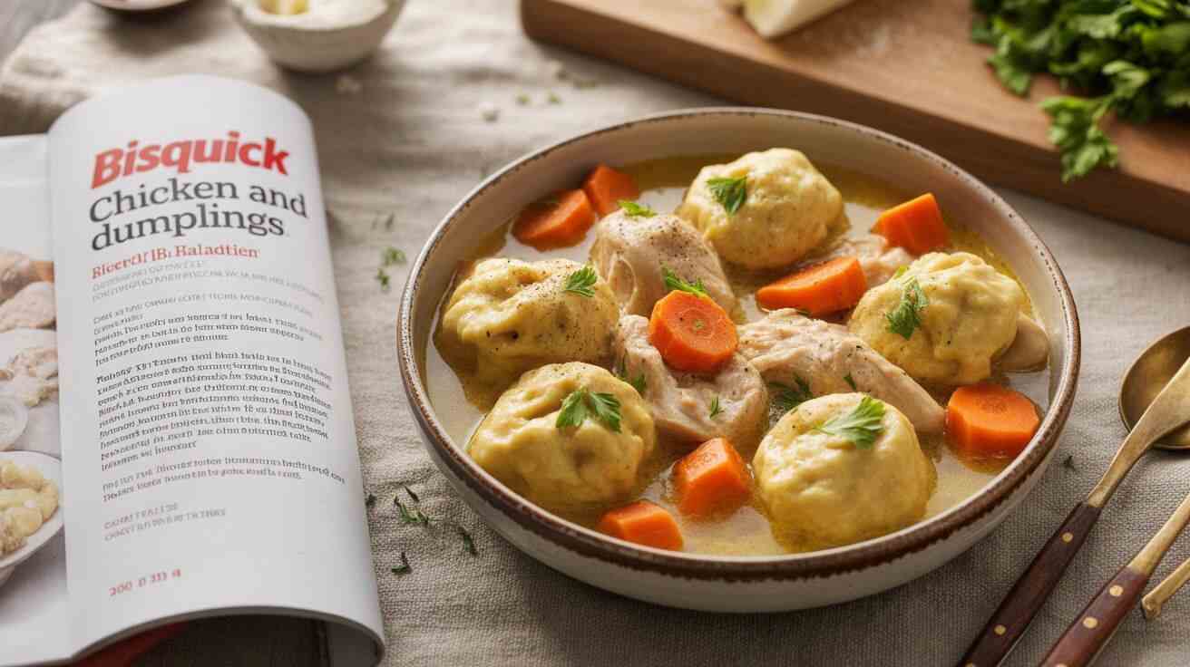 A hearty chicken dumpling soup in a red pot, featuring tender chicken pieces, fluffy dumplings, carrots, peas, and a savory broth, with a list of ingredients and substitutions on the side.