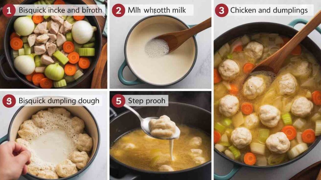 A step-by-step image guide for making bisquick chicken and dumplings, featuring: 1) chicken and broth with carrots and celery, 2) whisked milk mixture, 3) finished chicken and dumplings, 4) bisquick dumpling dough, 5) a spoonful of dough in the pot, and 6) the completed dish with dumplings, carrots, and celery in a savory broth.
