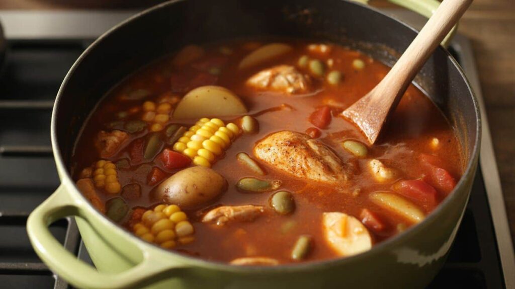 Dutch oven on stovetop with Brunswick stew chicken recipe simmering in rich tomato broth, showing chunks of chicken, potatoes, corn, and lima beans being stirred with a wooden spoon, captured with warm inviting tones, vibrant sharp colors, and clear texture details of the stew.