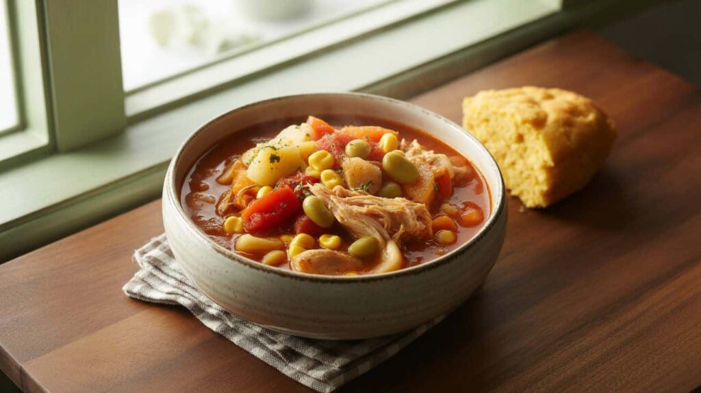 A rustic ceramic bowl of Brunswick stew chicken recipe filled with shredded chicken, potatoes, corn, lima beans, and tomatoes in a rich tomato-based broth, served on an elegant with cornbread on the side, photographed with vibrant sharp colors to highlight authentic Southern comfort food.