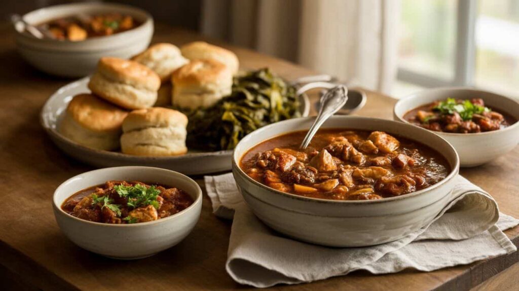 Elegant table setup featuring a large serving bowl of Brunswick stew chicken recipe surrounded by Southern sides like cornbread, biscuits, and collard greens, with individual steaming bowls garnished with parsley, presented with vibrant sharp coloring and a cozy yet sophisticated family-style dinner