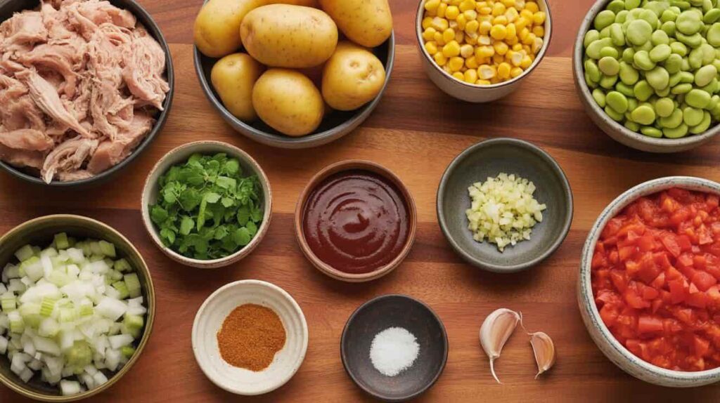 Flat-lay of ingredients for Brunswick stew chicken recipe including shredded chicken, diced potatoes, corn kernels, lima beans, onions, garlic, diced tomatoes, BBQ sauce, Worcestershire sauce, smoked paprika, salt, and pepper neatly arranged in ceramic bowls on a polished wooden table, vibrant sharp coloring for an elegant recipe spread