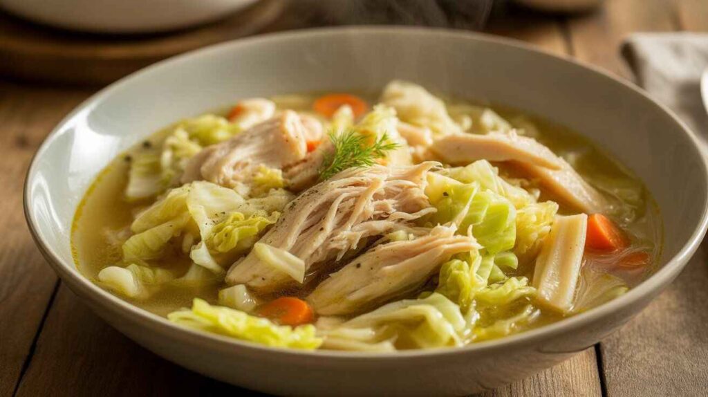 Warm delicious cabbage chicken soup with shredded chicken, cabbage, and vegetables in a bowl