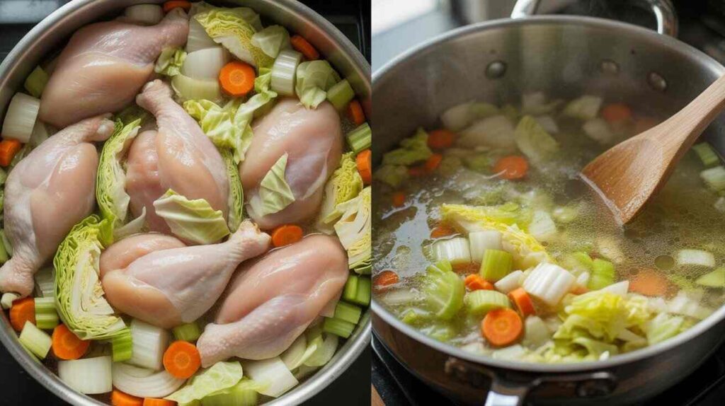 Step-by-step cooking process of cabbage chicken soup with vegetables and chicken simmering in a pot