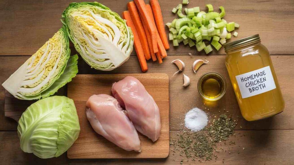 Flat lay of fresh ingredients for cabbage chicken soup including chicken, cabbage, carrots, celery, onions, and spices