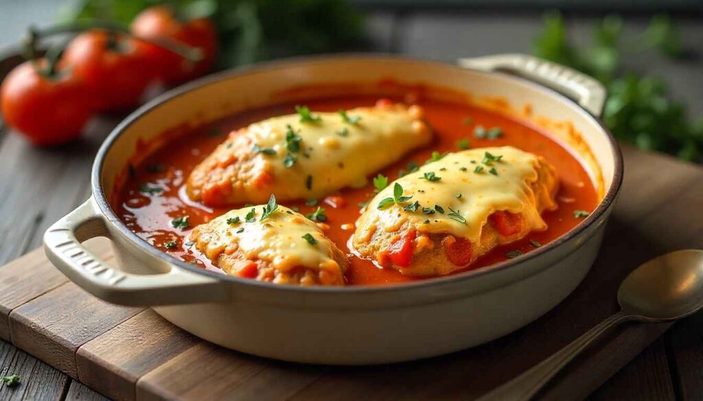 Baked chicken in creamy tomato sauce served with garlic bread, green beans, and mashed potatoes on a farmhouse table