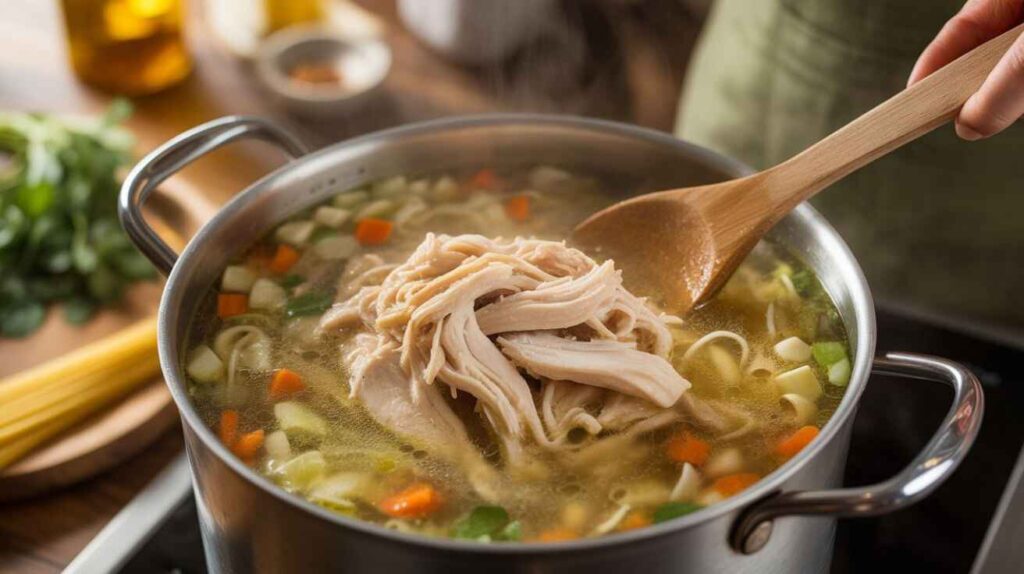 Cooking canned chicken soup in a pot with simmering chicken broth, shredded chicken, mixed vegetables, egg noodles, and herbs, wooden spoon stirring