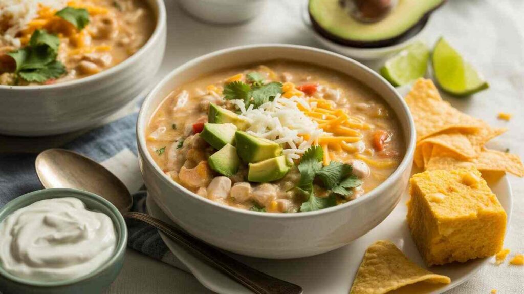 Cheesecake Factory Creamy White Chicken Chili served in a bowl with avocado, shredded cheese, cilantro, tortilla chips, and cornbread on the side