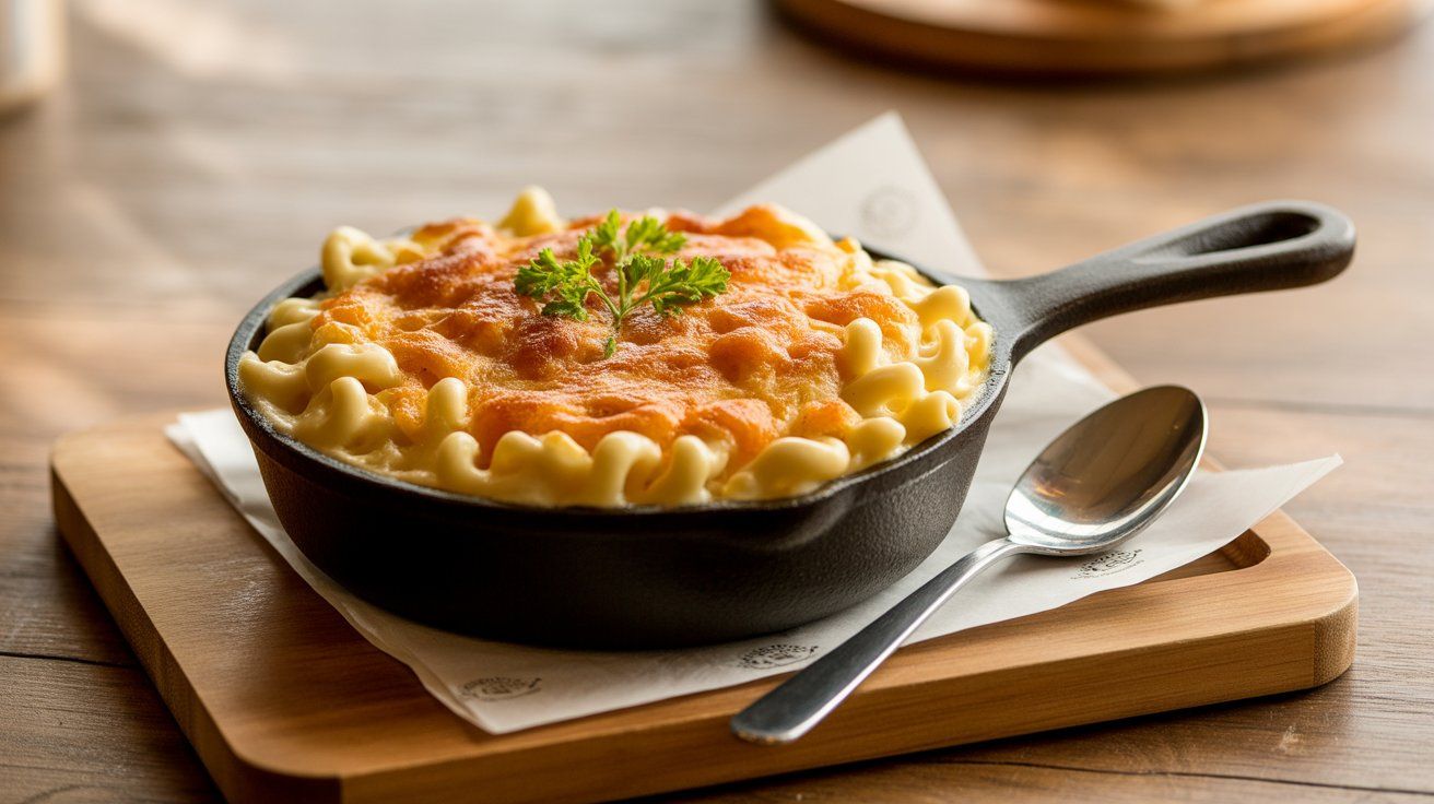 Chick-fil-A copycat mac and cheese with golden baked cheese crust in a white casserole dish