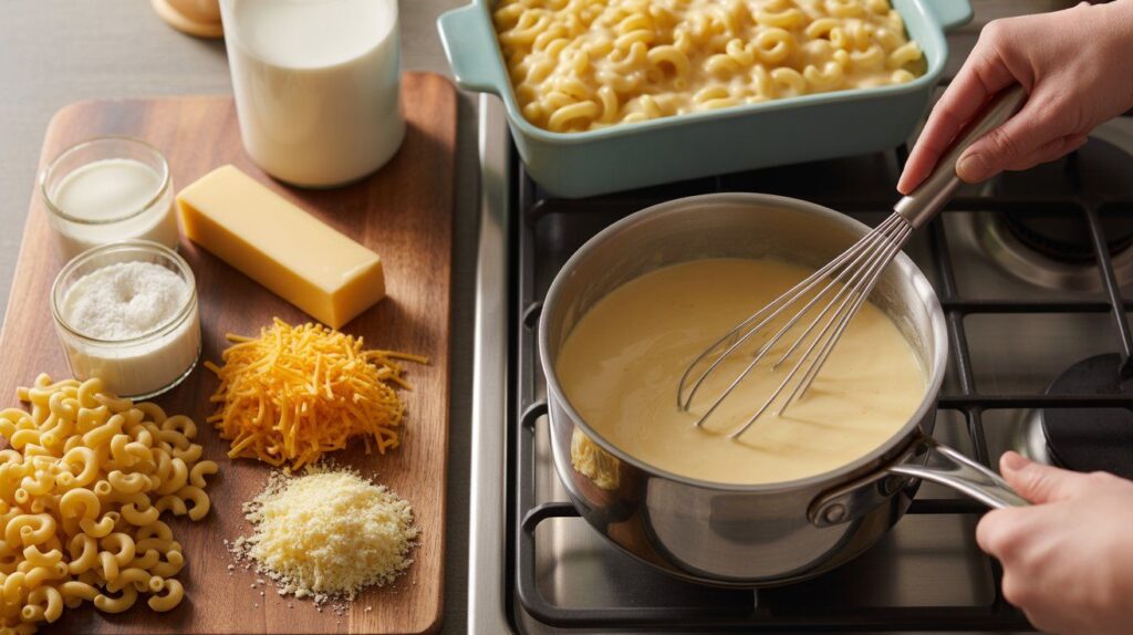 Cooking process of Chick-fil-A copycat mac and cheese showing cheese sauce being whisked, macaroni mixing, and baking dish going into oven