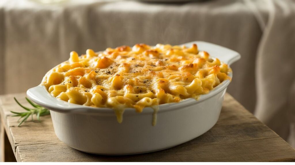 Golden baked Chick-fil-A copycat mac and cheese served in a mini skillet on a wooden board with parsley garnish