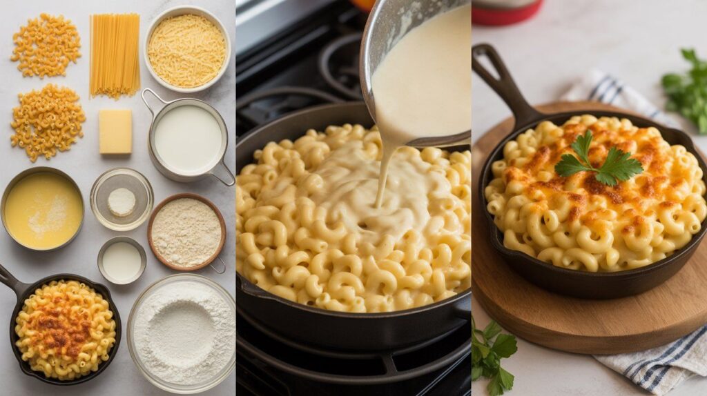 Chick-fil-A copycat mac and cheese showing ingredients, cooking process, and final baked dish in one collage