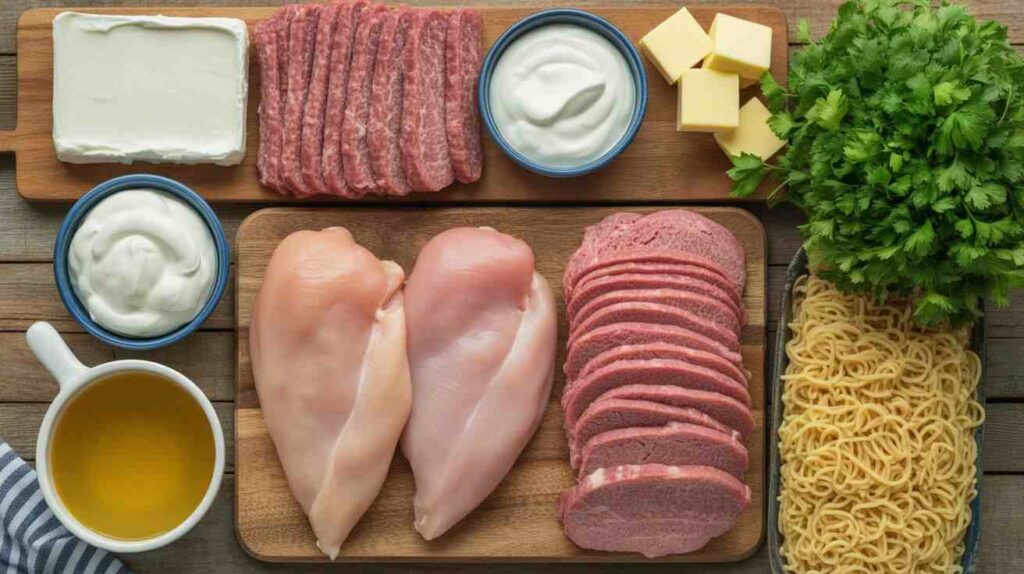 Raw ingredients for chicken and chipped beef recipe including chicken breasts, chipped beef slices, cream cheese, sour cream, butter, chicken broth, parsley, and egg noodles arranged on a wooden surface