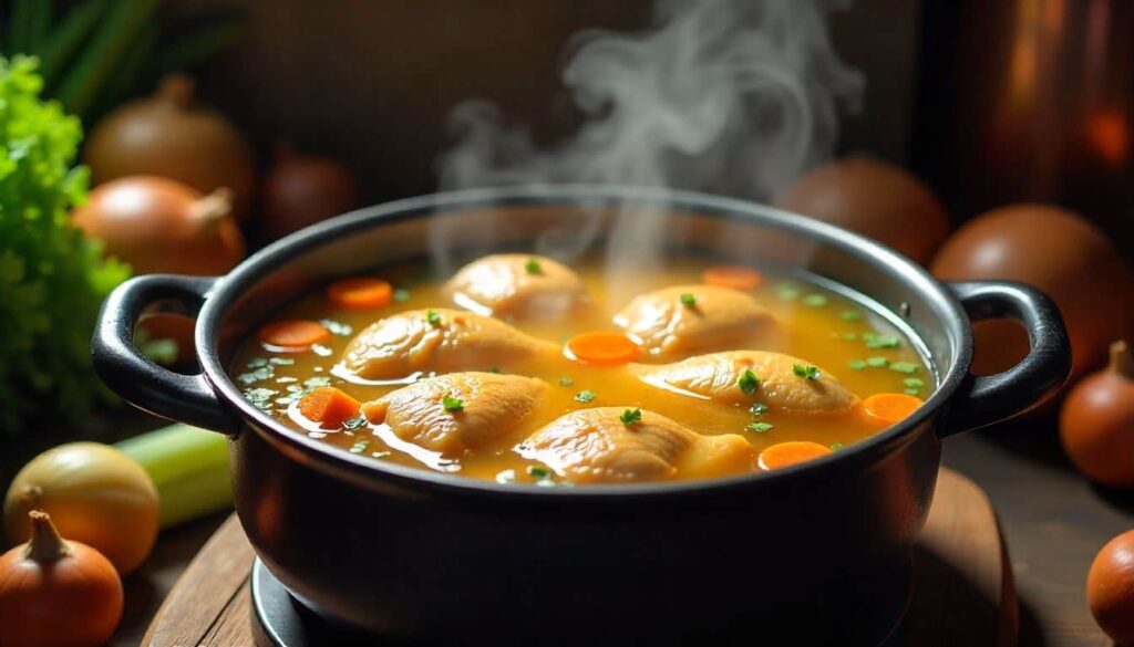 "Chicken back stew with vegetables in a rustic clay pot for comfort food style."