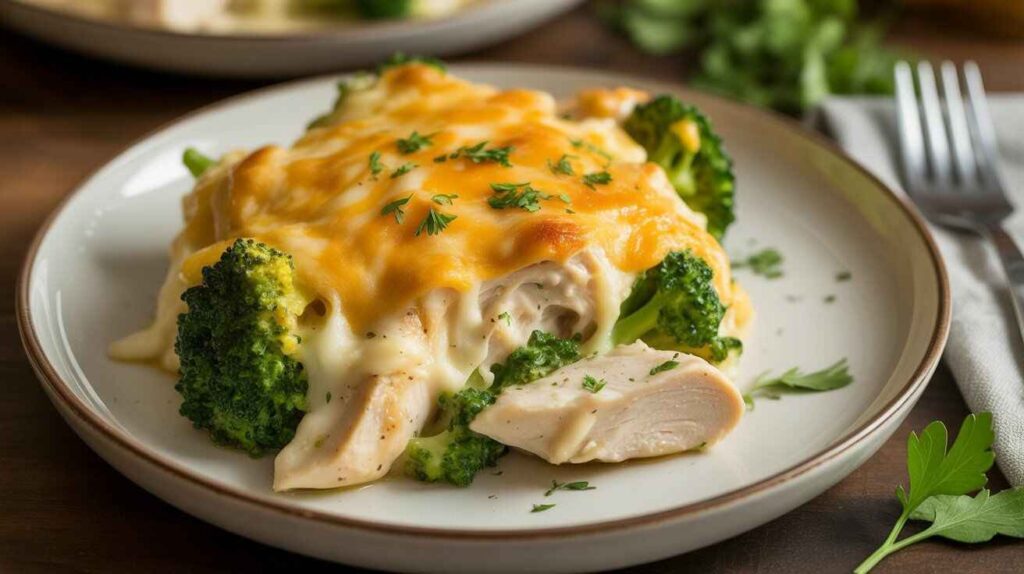 Golden baked chicken broccoli and cheese casserole with melted cheddar and broccoli in a white dish on a rustic table.