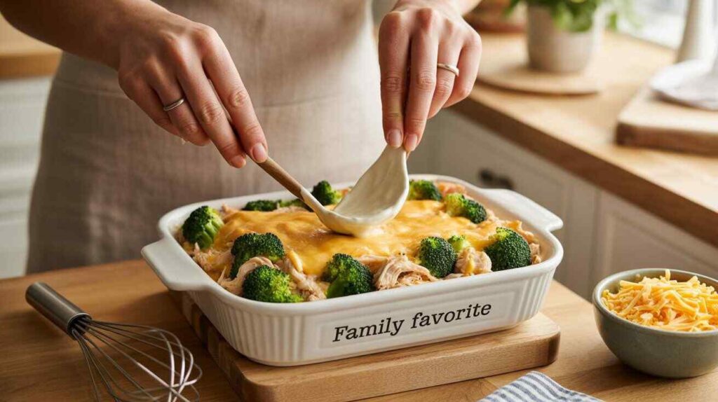 Preparing chicken broccoli and cheese casserole by layering chicken, broccoli, and creamy cheese sauce in a white baking dish.