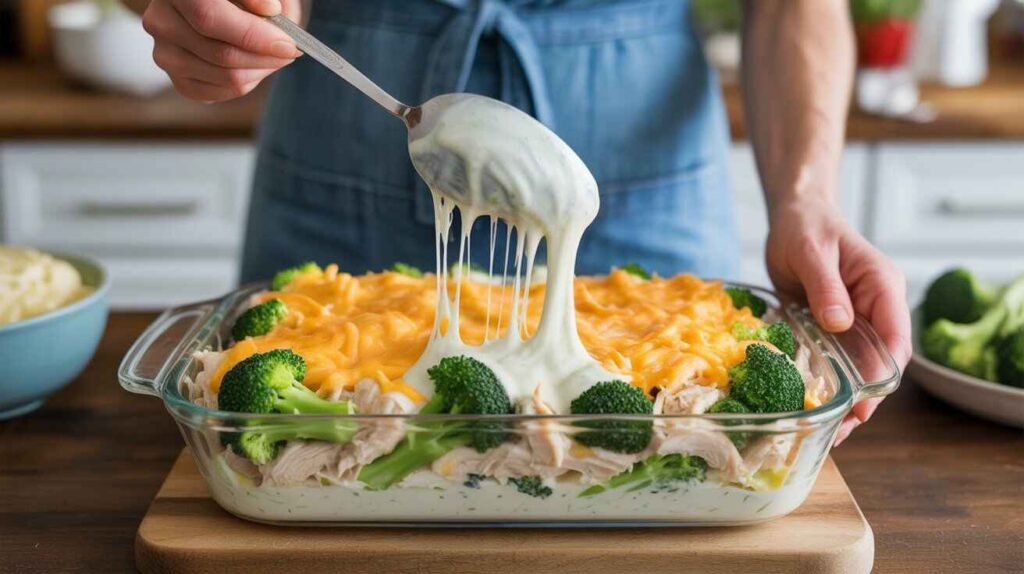 Preparing chicken broccoli and cheese casserole by layering chicken, broccoli, and creamy cheese sauce in a white baking dish to serve