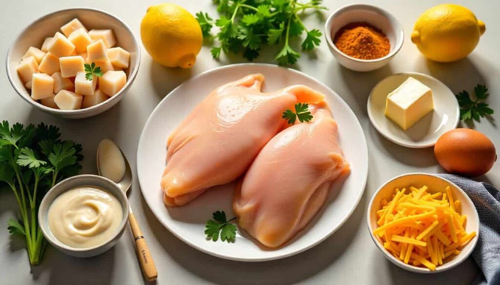 Flat-lay of Chicken Chesapeake ingredients including chicken breasts, lump crab meat, Old Bay seasoning, mayonnaise, parsley, lemon, butter, and egg.