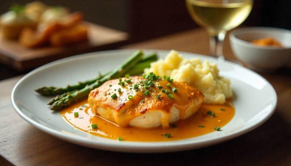 Plated Chicken Chesapeake topped with crab imperial and Old Bay sauce, served with roasted asparagus and mashed potatoes.