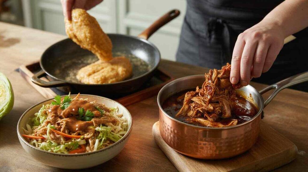 "Cooking process of three chicken and coleslaw recipes: BBQ pulled chicken being mixed, Asian chicken slaw tossed in dressing, and fried chicken being dredged and fried."