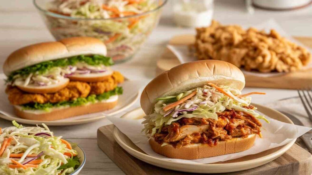 "Fried chicken sandwich topped with tangy coleslaw on a toasted bun, served with extra coleslaw on the side."